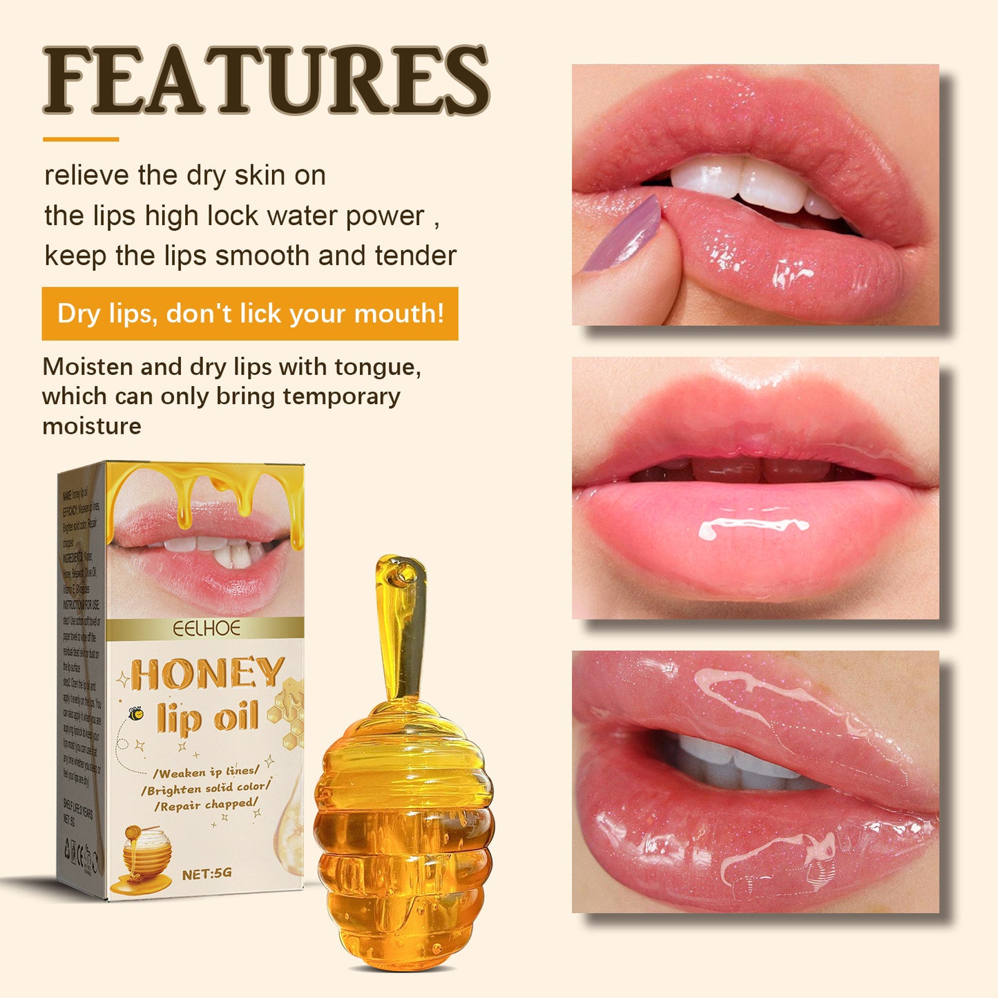 Moisturizing Honey Lip Gloss with Anti-Chapping and Peeling Care